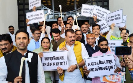 कांग्रेस के विधायकों ने विधानसभा के बाहर नलजल योजना में भ्रष्टाचार का आरोप लगाते हुए किया प्रदर्शन