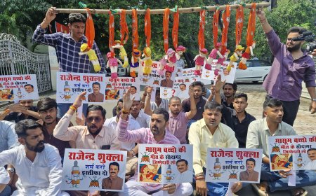 BJP के गमछे से 'मासूमों को फांसी' NSUI ने अनोखा प्रदर्शन कर राजेन्द्र शुक्ल से मांगा इस्तीफा