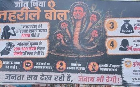 'दो कौड़ी' से 'पंचमुखी' अवतार तक पहुंचे कांग्रेस अध्यक्ष जीतू पटवारी भाजपा के बाहर लगा बैनर