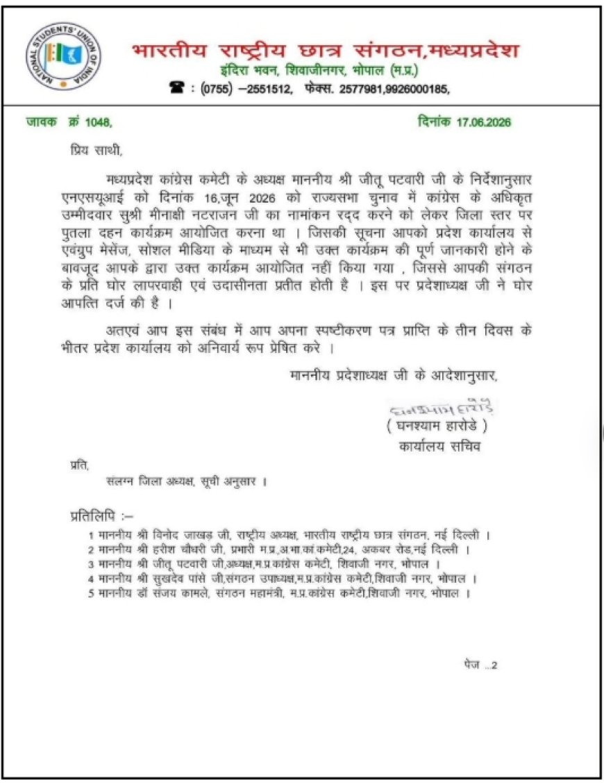 जीतू पटवारी के निर्देशों का NSUI ने नहीं किया पालन अब नोटिस जारी कर मांगा स्पष्टीकरण