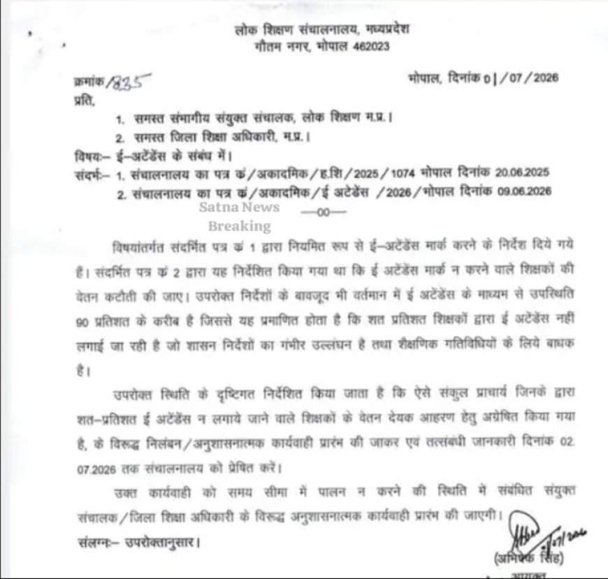 MP में शिक्षकों की 90% से कम ई-अटेंडेंस पर सीधे सस्पेंशन की कार्रवाई का आदेश जारी DEO से मांगी लिस्ट प्राचार्यों पर भी गिरेगी गाज
